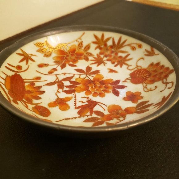 Vtg A.C.F. Japanese Porcelain Ware Bowl Wrapped Pewter Floral Hong Kong decorate - Picture 6 of 11